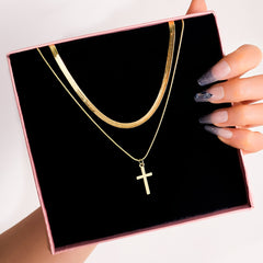 2pcs Layered Golden Toned Cross Pendant Necklace Set for   Layered Snake Chain Double Cross Pendants  Minimalist Everyday & Party  Year Round Versatile Necklace Combo ( Golden Look  No Plating)   Gift Ready