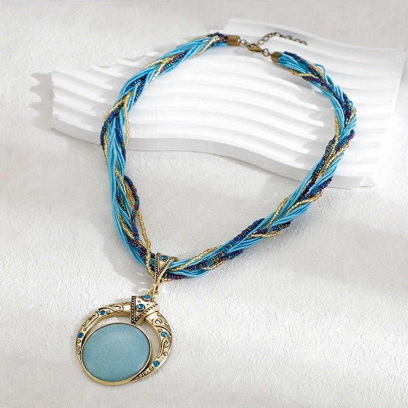 Fashion Bohemian Handwoven Necklace  Ethnic Style Hollow Round Pendant Women's Sweater Chain