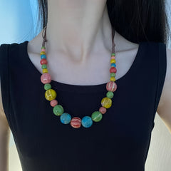 A Set of Two Includes a Necklace And a Bracelet  Featuring a Dopamine Ceramic Necklace with Colorful Beads  Handmade And Adjustable in Length  Perfect for Women'S Fashion Accessories.