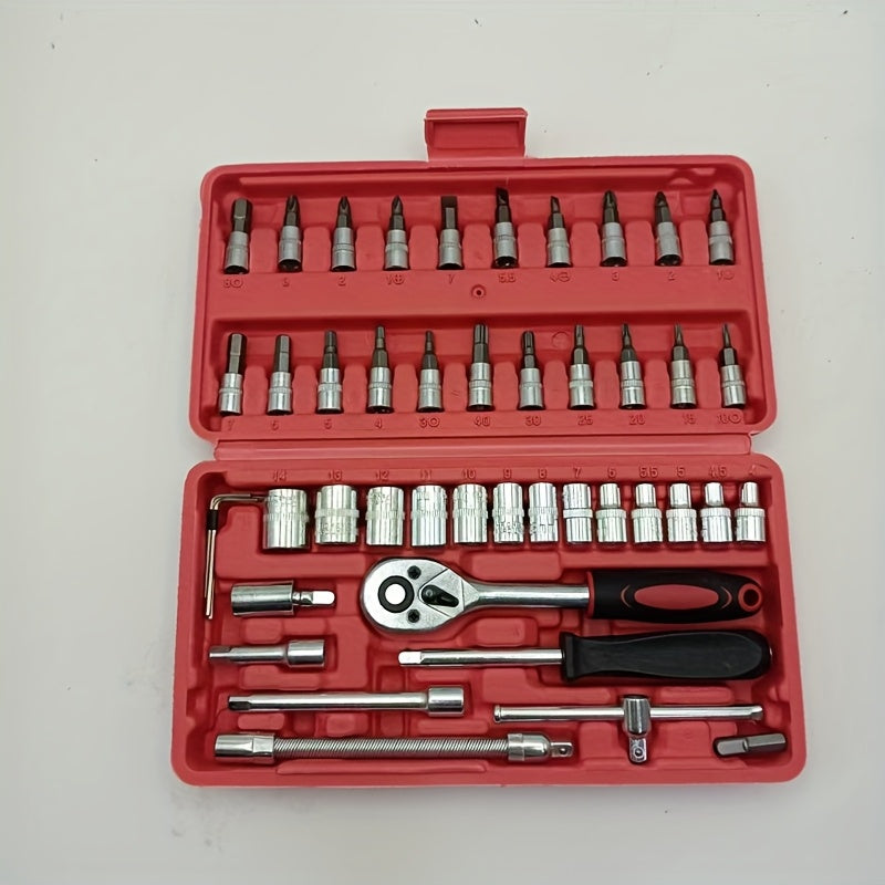 Summer special offer  46pcs multi functional maintenance tool set  portable outdoor machinery emergency repair kit  easy to deal with emergencies  including ratchet wrench  sleeve set  screwdriver head  extension rod  storage box  etc