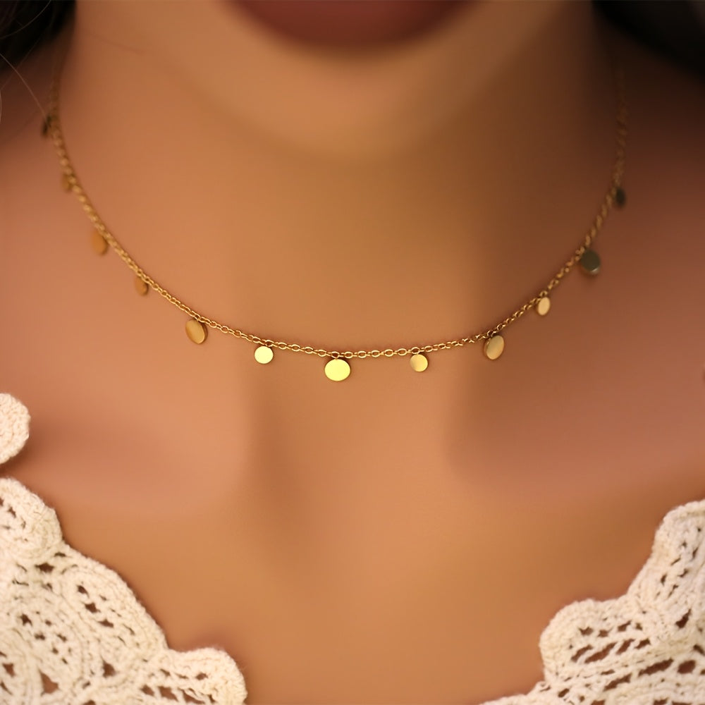 1pc Golden Tone Stainless Steel Tassel Disc Choker Necklace   Vintage Inspired  Hypoallergenic  18K Golden Plated Clavicle Chain for Women  Perfect for Casual Attire