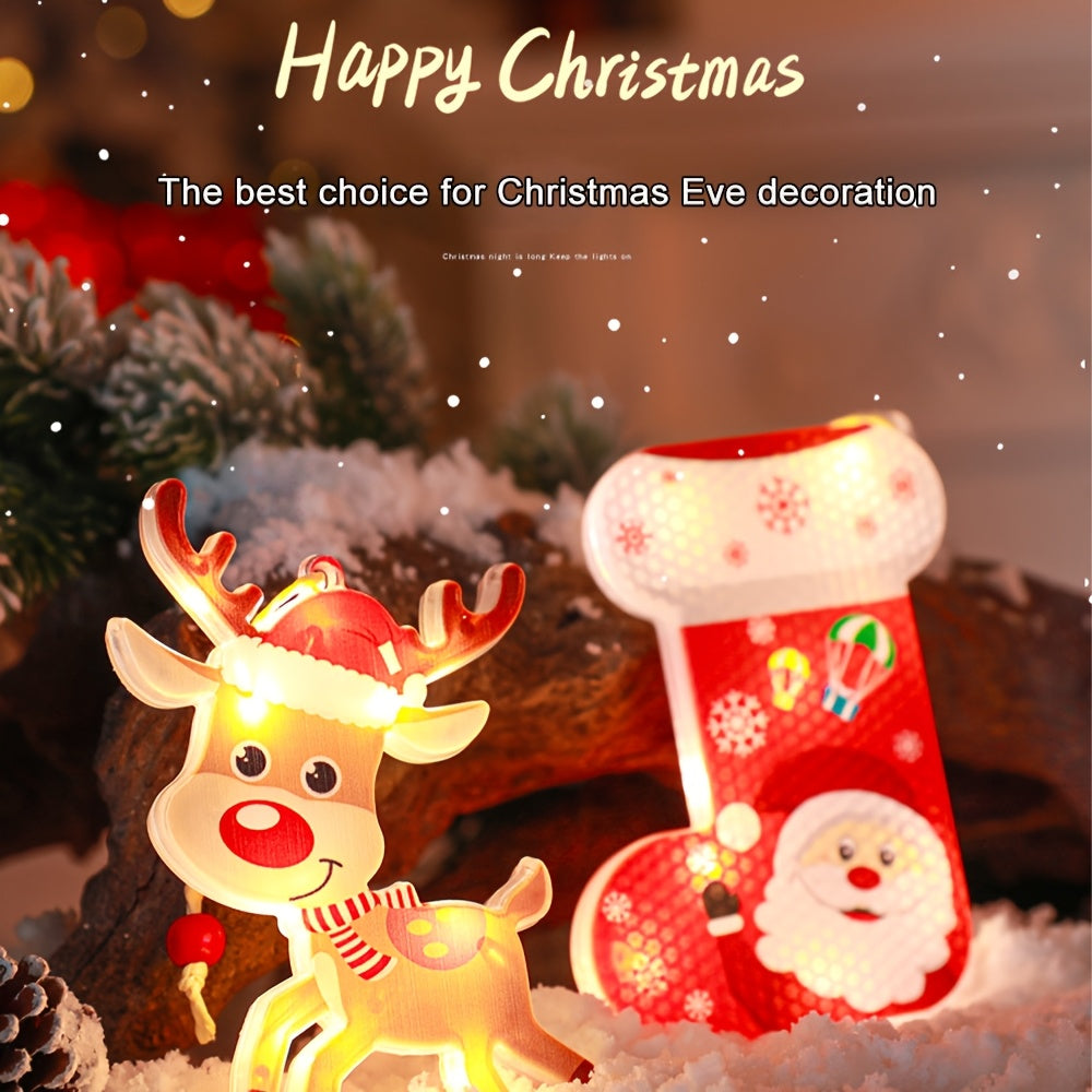 1pc Christmas LED hanging Lights  Reindeer  snowflakes  Christmas tree  snowman  socks  stars Design  Cute Style  Battery Powered  Indoor Holiday Decor  for Home  Wall  Window  Curtain  Party  Bedroom  Xmas Tree Decoration  Indoor Hanging Lights