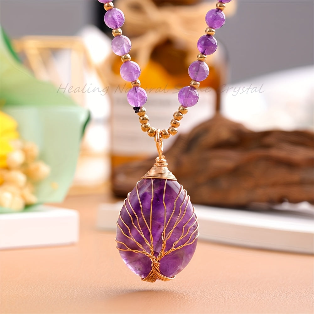[Gift Ready] JXMYBA Boho Chic Natural Amethyst Tree of Life Pendant Necklace   Handmade Chakra Gemstone Bead Chain with Golden Wire Wrapped Teardrop Charm  Ideal for Valentine'S Day & Birthday Gifts  Holiday Jewelry|Elegant Gift Box|Natural Crystal Bead C