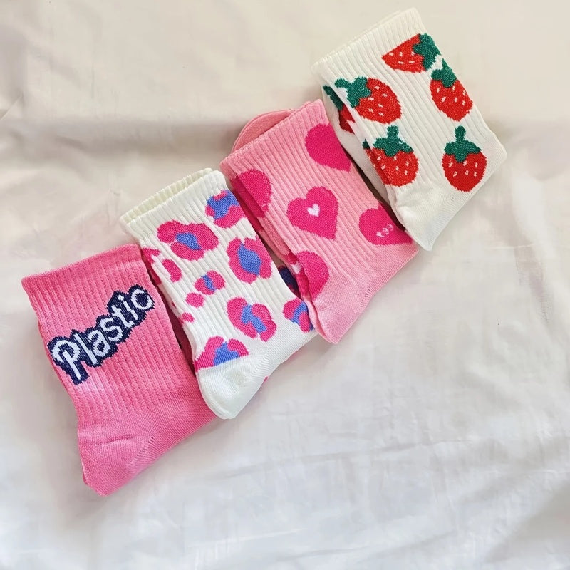 5 pairs of cute polyester socks for women   Heart|Strawberry|Letter|Checkerboard pattern mix  all season polyester socks  soft mid calf socks for all seasons  comfortable casual sports socks  machine washable