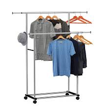 Stainless Steel Double-Pole Clothes Hanger/Rack, Rolling Bar Rail Rack, Adjustable Premium Double-Pole Clothes Hanger