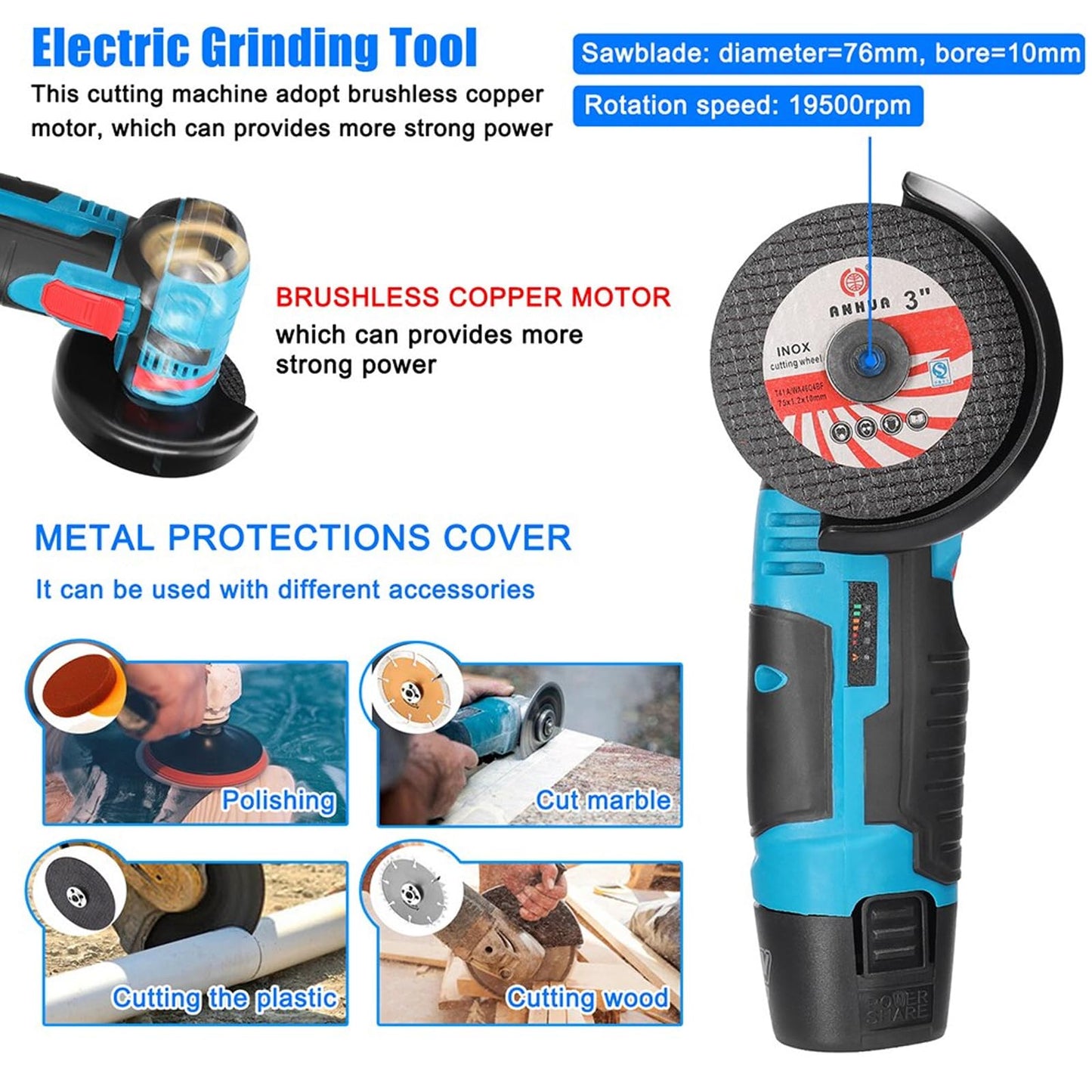 Toplionace 19500RPM 12V Rechargeable Mini Angle Grinder, 800W Handheld Lithium Battery Cordless Polishing Cutting Machine