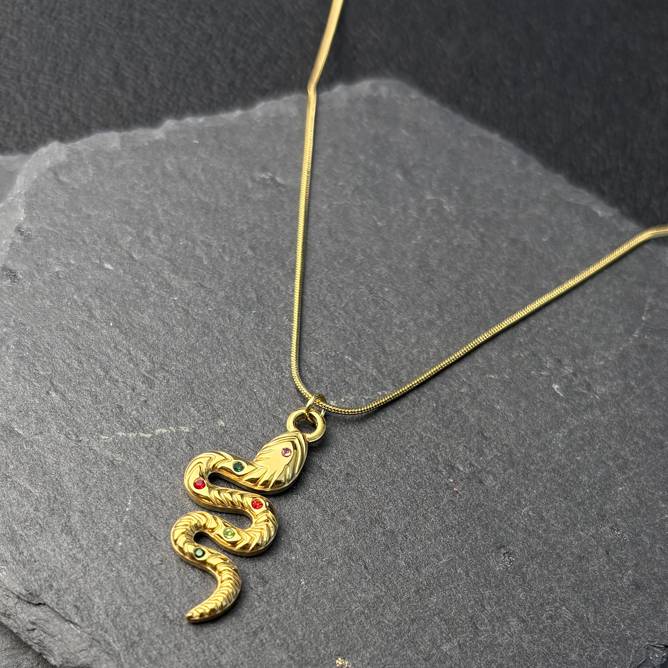 18K gold plated Plated 304 Stainless Steel Snake Pendant Necklace for   18K gold plated Snake Chain  Green & Red  like Eyes  Luxury Chinese Zodiac Jewelry Gift for Wife  Girlfriend (Valentine's/Christmas)  Year Round Wear  Durable Snake Scale  for Teenage