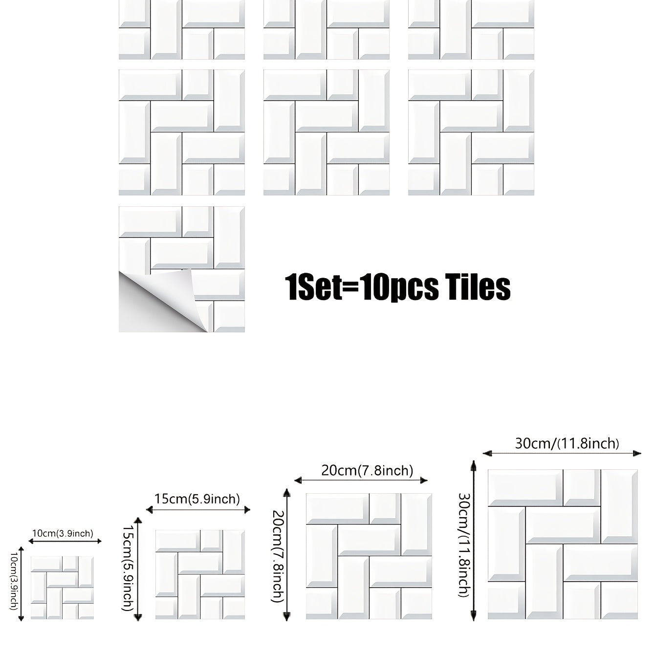 10 Pack Self Adhesive Vinyl Tile Panels   Peel & Stick Waterproof Removable White/Gray/Beige/Black/Brown/Grayish White Brick Like Tiles  Horizontal/Vertical/3D Look Floor & Wall Covering for Kitchen  Bathroom  Renters   Easy Installation