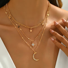 An Elegant Bohemian Style Multi Layer Golden Necklace with Star and Moon Pendants   Perfect Gift for Friendship  Suitable for Gifting and Casual Attire  For Teenager