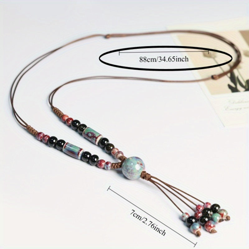 Bohemian Style Ceramic Bead Necklace  Traditional Hanfu & Cheongsam Accessory  Versatile Sweater Chain  Burgundy & Peacock Blue  Weave Material  Fashion Jewelry for Autumn and Winter