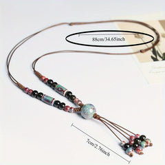 Bohemian Style Ceramic Bead Necklace  Traditional Hanfu & Cheongsam Accessory  Versatile Sweater Chain  Burgundy & Peacock Blue  Weave Material  Fashion Jewelry for Autumn and Winter