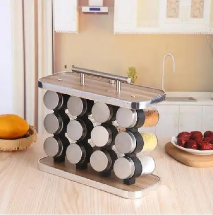 Spice Rack Organizer with 12 Empty Spice Jars for Cabinet Countertop spice Imitation Wood Portable seasoning Stainless Steel Storage Rack Stand Holder for Kitchen Hotel
