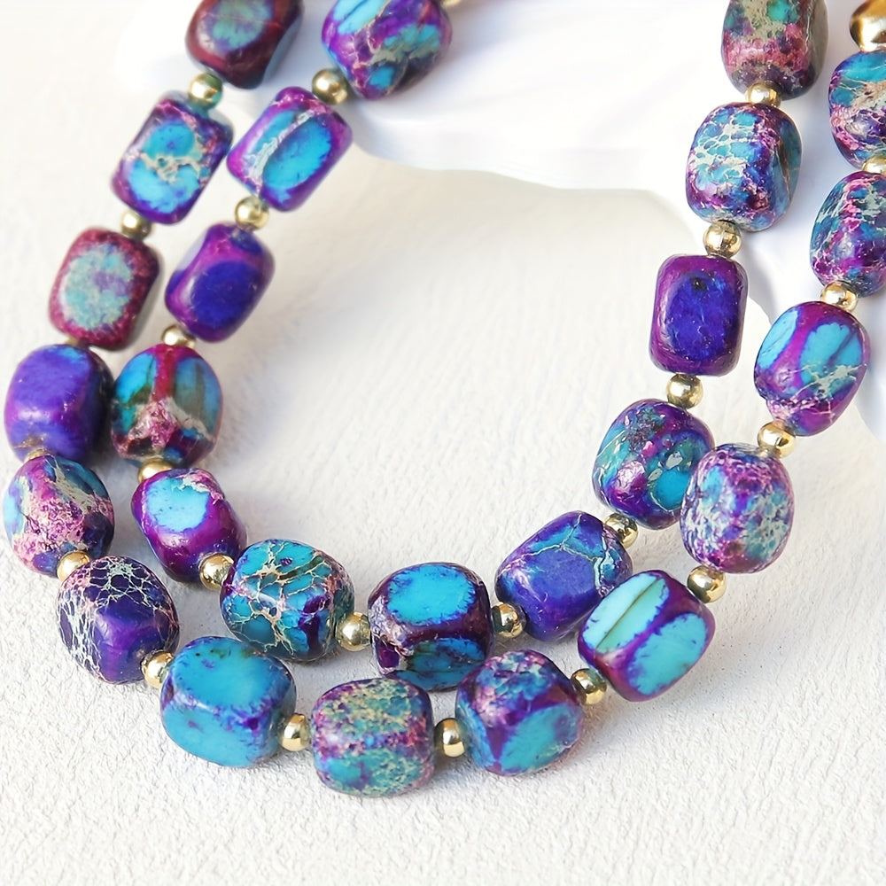 Handcrafted Bohemian Multilayer Natural Stone Necklace   Purple & Blue Marbled Beads with Golden Accents  Golden Tone Chain for Women  Casual & Formal Jewelry Gift