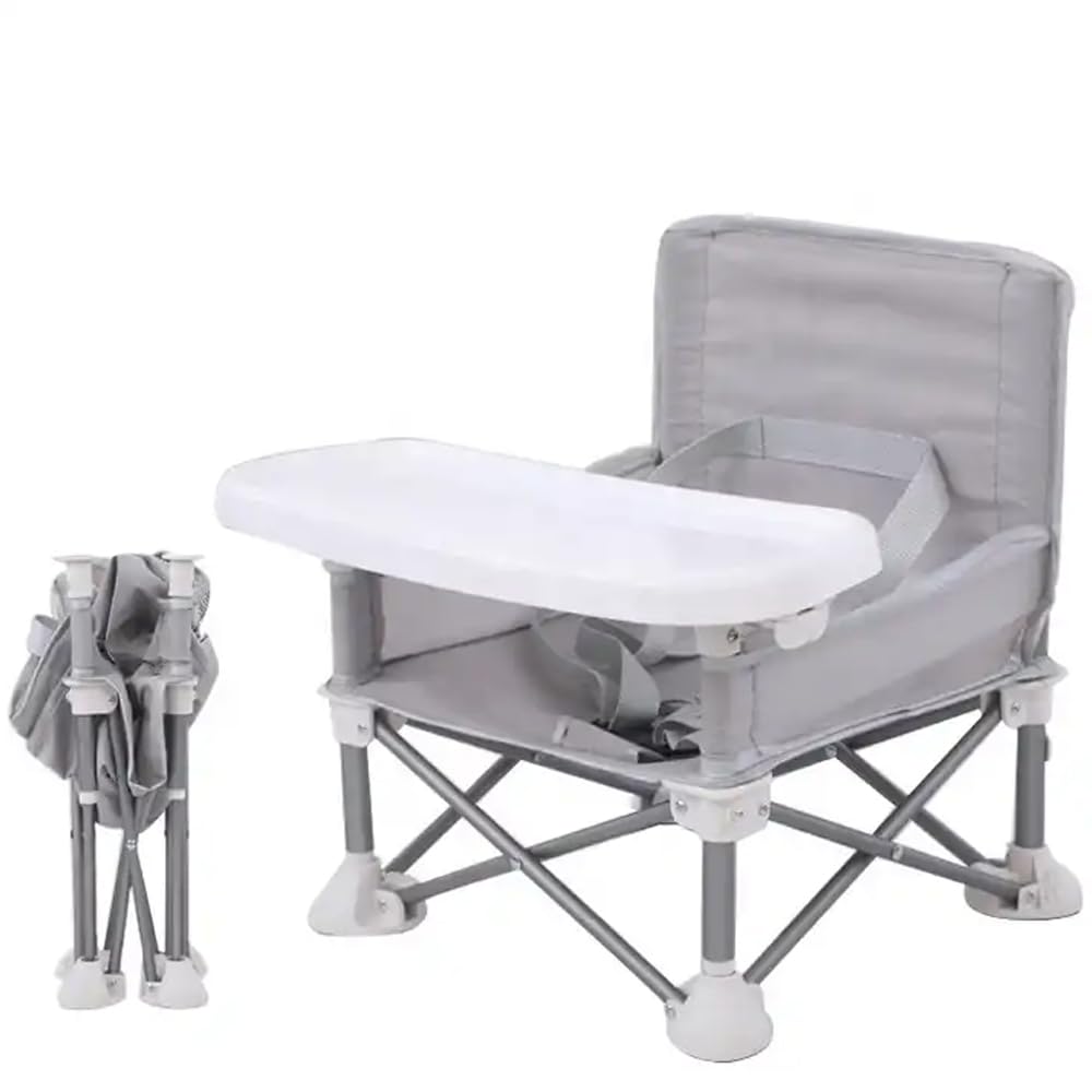 Grey Baby Booster Seat - Portable Pop and Open Design, Tip Free Safety, Infant Folding Feeding Chair with Tray & Travel Bag - Ideal for Indoor/Outdoor Dining, Camping, Beach, Lawn Adventures
