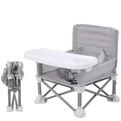 Grey Baby Booster Seat - Portable Pop and Open Design, Tip Free Safety, Infant Folding Feeding Chair with Tray & Travel Bag - Ideal for Indoor/Outdoor Dining, Camping, Beach, Lawn Adventures