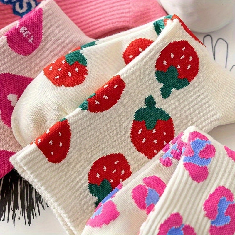 5 pairs of cute polyester socks for women   Heart|Strawberry|Letter|Checkerboard pattern mix  all season polyester socks  soft mid calf socks for all seasons  comfortable casual sports socks  machine washable