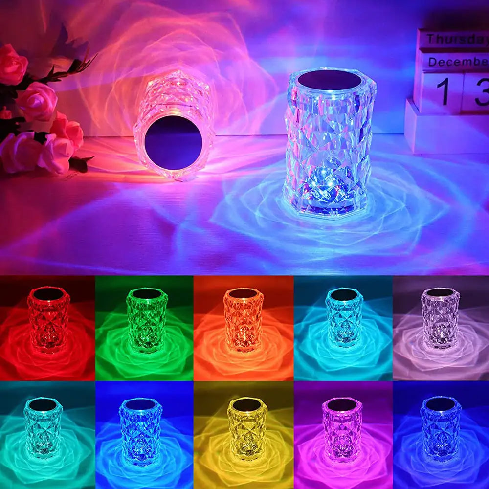 Cylindrical Crystal Table Lamp USB charge LED Ambient desk night lamp touch control 16 colors Atmosphere Rose LED Crystal lamp