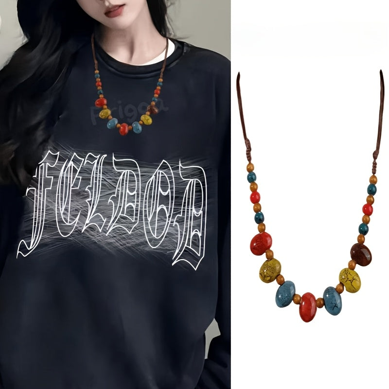 A Set of Two Includes a Necklace And a Bracelet  Featuring a Dopamine Ceramic Necklace with Colorful Beads  Handmade And Adjustable in Length  Perfect for Women'S Fashion Accessories.