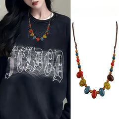 A Set of Two Includes a Necklace And a Bracelet  Featuring a Dopamine Ceramic Necklace with Colorful Beads  Handmade And Adjustable in Length  Perfect for Women'S Fashion Accessories.