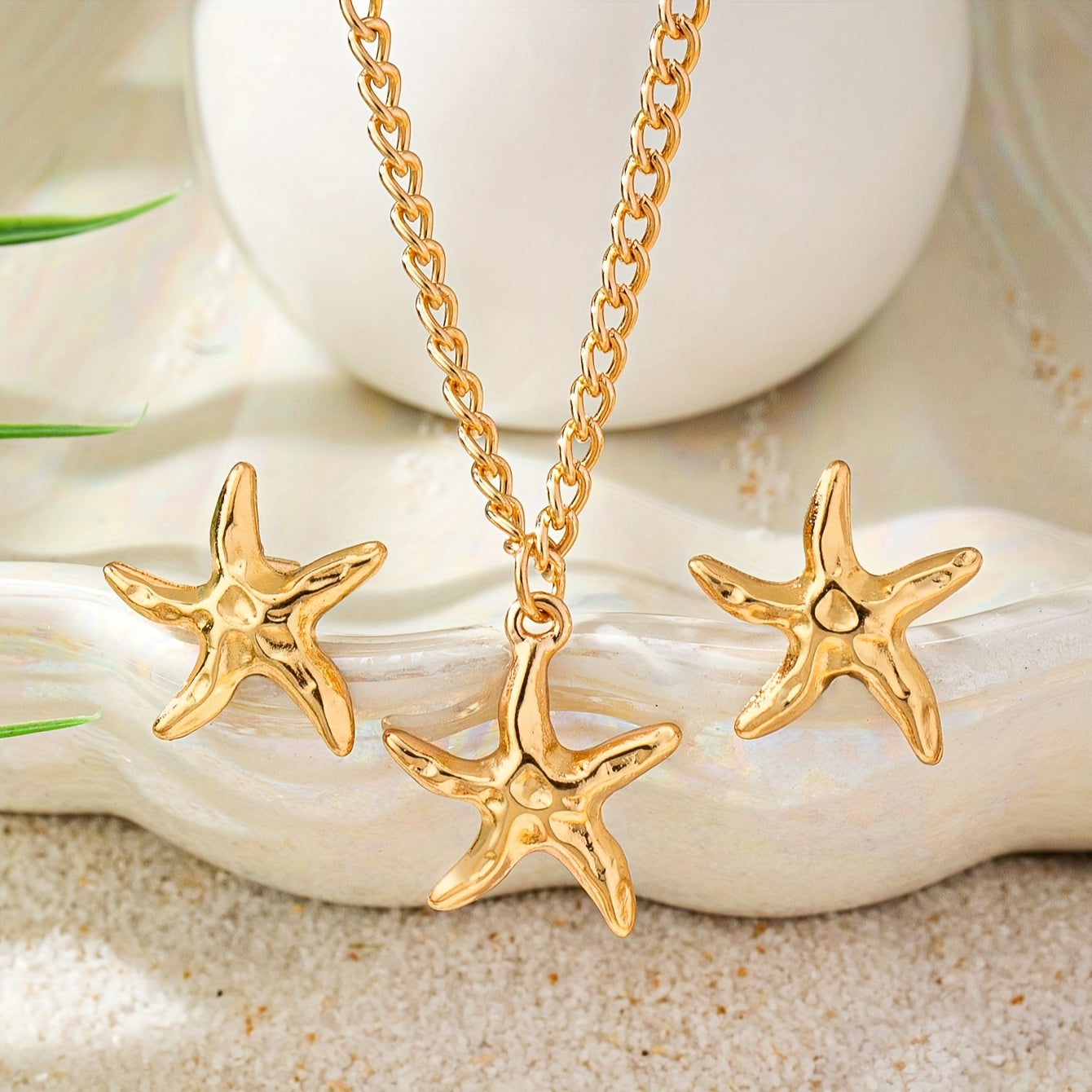 Three Piece Stylish Trendy Starfish Earrings and Necklace Set