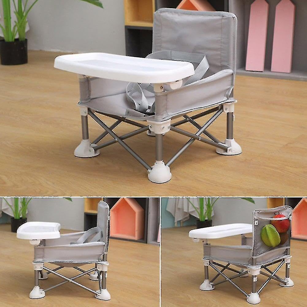 Grey Baby Booster Seat - Portable Pop and Open Design, Tip Free Safety, Infant Folding Feeding Chair with Tray & Travel Bag - Ideal for Indoor/Outdoor Dining, Camping, Beach, Lawn Adventures