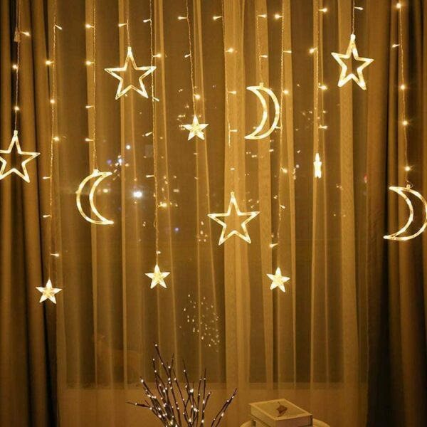 ZYF-10 Moon And Stars Fairy Curtain Light Warm White With Tail Plug Extension 8 Modes 3M