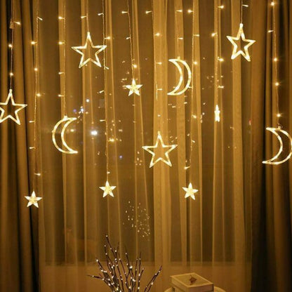 ZYF-10 Moon And Stars Fairy Curtain Light Warm White With Tail Plug Extension 8 Modes 3M