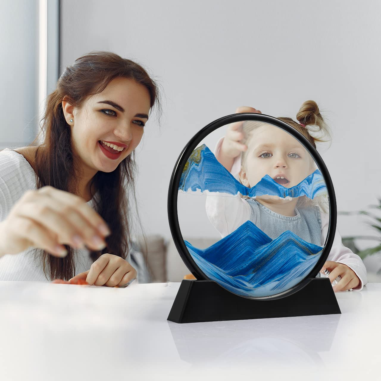 Dynamic Sand Art Picture 10 Inch Large Round Glass Moving Sand 3D Liquid Sand Frame Sand Landscape Art Desktop Decoration for Home Office