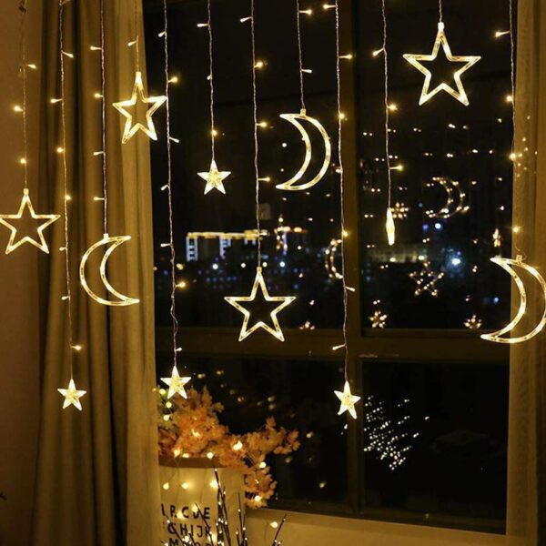 ZYF-10 Moon And Stars Fairy Curtain Light Warm White With Tail Plug Extension 8 Modes 3M