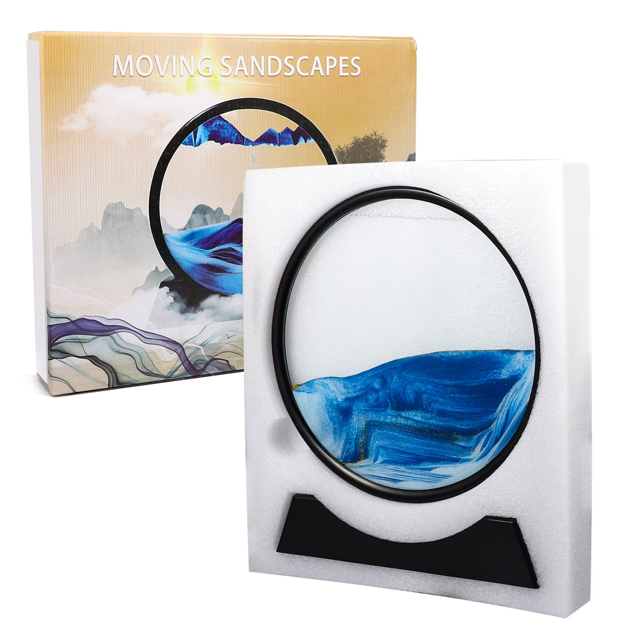 Dynamic Sand Art Picture 10 Inch Large Round Glass Moving Sand 3D Liquid Sand Frame Sand Landscape Art Desktop Decoration for Home Office