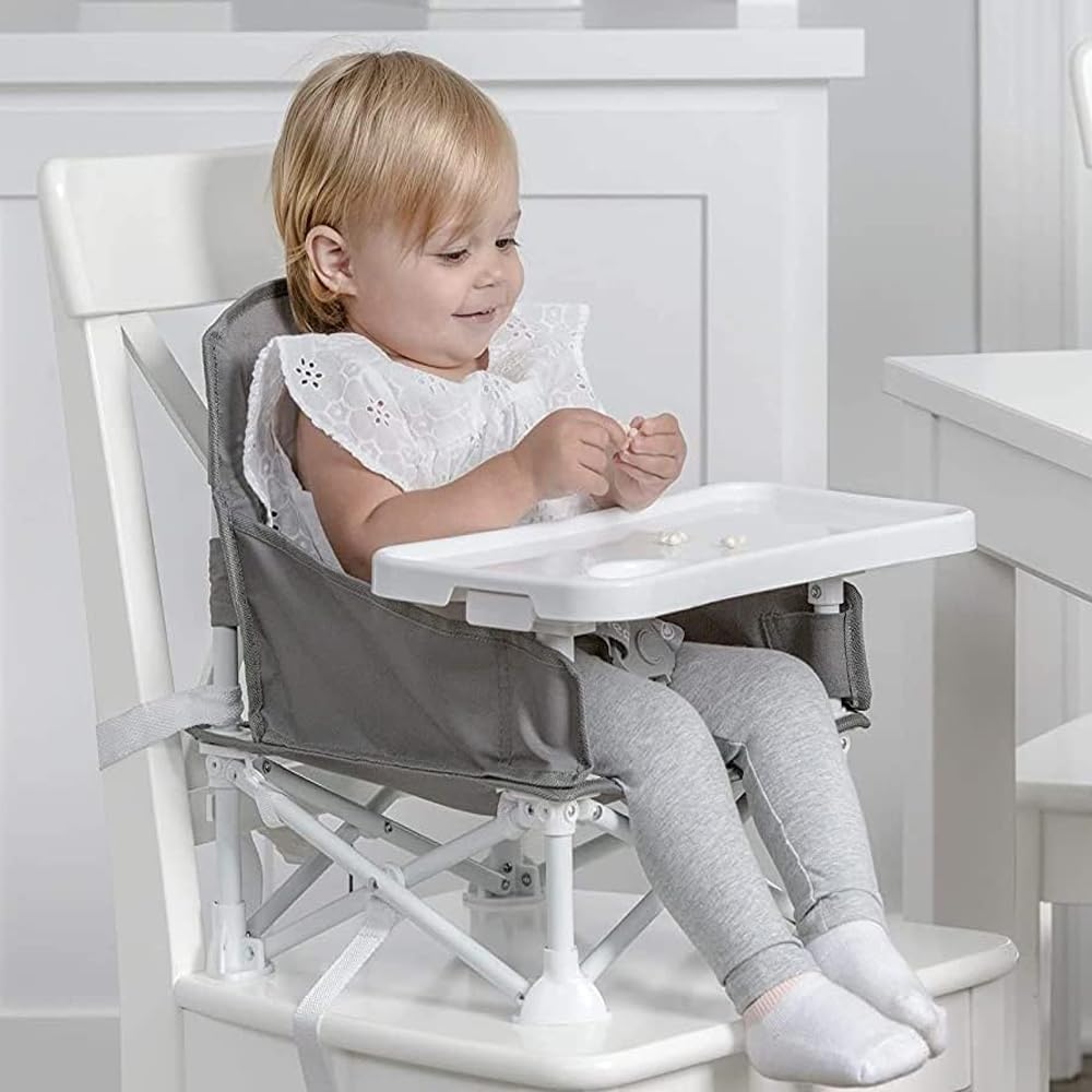 Grey Baby Booster Seat - Portable Pop and Open Design, Tip Free Safety, Infant Folding Feeding Chair with Tray & Travel Bag - Ideal for Indoor/Outdoor Dining, Camping, Beach, Lawn Adventures