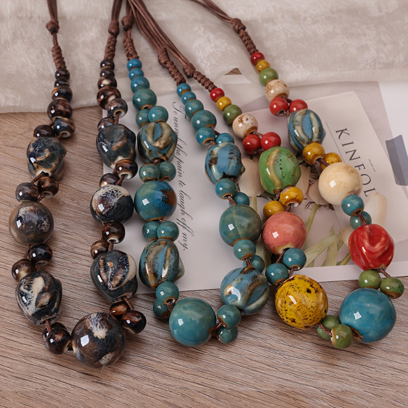 Bohemian Style Brown Synthetic Fiber Rope Ceramic Bead Necklace   Handwoven Vintage Ethnic Style Adjustable Women'S Necklace  Elegant Daily Wear | Bohemian Vintage Style | Adjustable Necklace High Temperature Kiln Fired Ceramic Beads  Women'S Daily Access