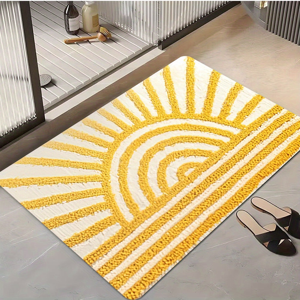 1pc Golden Sunburst Non Slip Door Mat   Soft Polyester with Suede Backing  Machine Washable Vibrant Rectangular Mat for Entryway  Bathroom  Kitchen  Laundry Room   Modern Home Decor & Mother’s Day Gift  Bathroom Rugs  Decorative Floor Covering