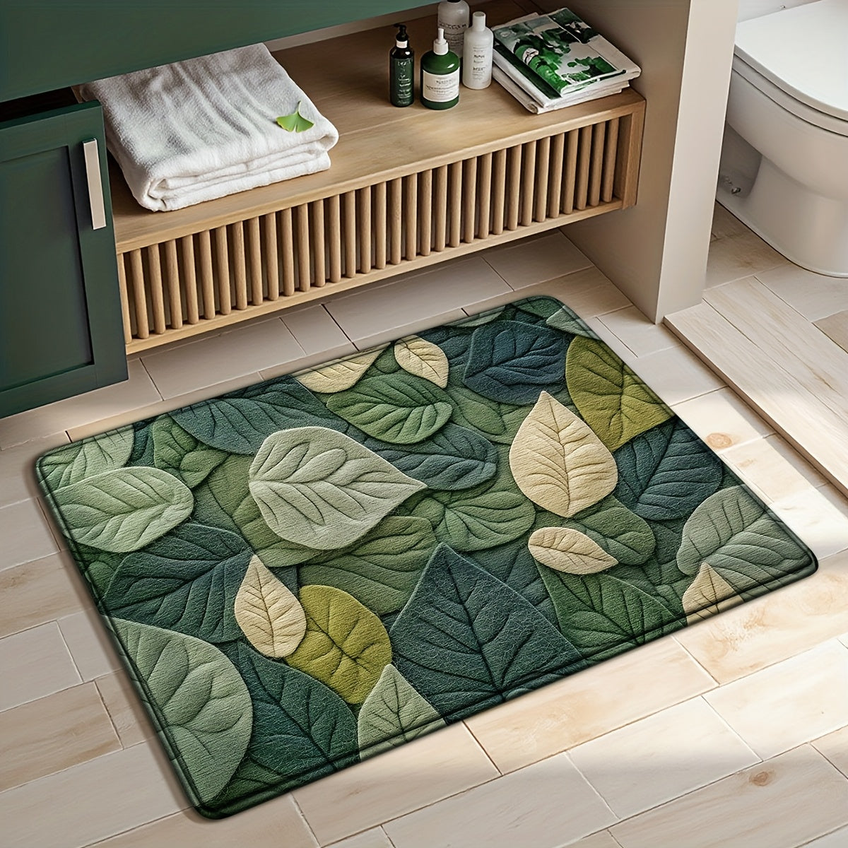 1pc DAJIANG Leaf Pattern Bath Mat   Soft  Absorbent  Non Slip Bathroom Rug for Shower  Bathtub  and Sink  Green Leaf Design  Machine Washable Polyester  Home Decor for Spring and Summer  Shower Accessory | Vibrant Bathroom Mat | Machine Washable Mat