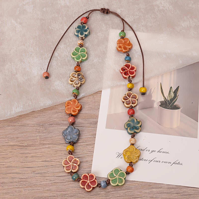 Bohemian Style Ceramic Pearl Adjustable Necklace   Handmade  High Temperature Fired  Multicolor Rose Pattern Gemstone  Versatile Sweater Chain. Bohemian Fashion Jewelry  Perfect for Daily Wear and Special Occasions  Ideal Gift for Valentine'S Day  Mother'