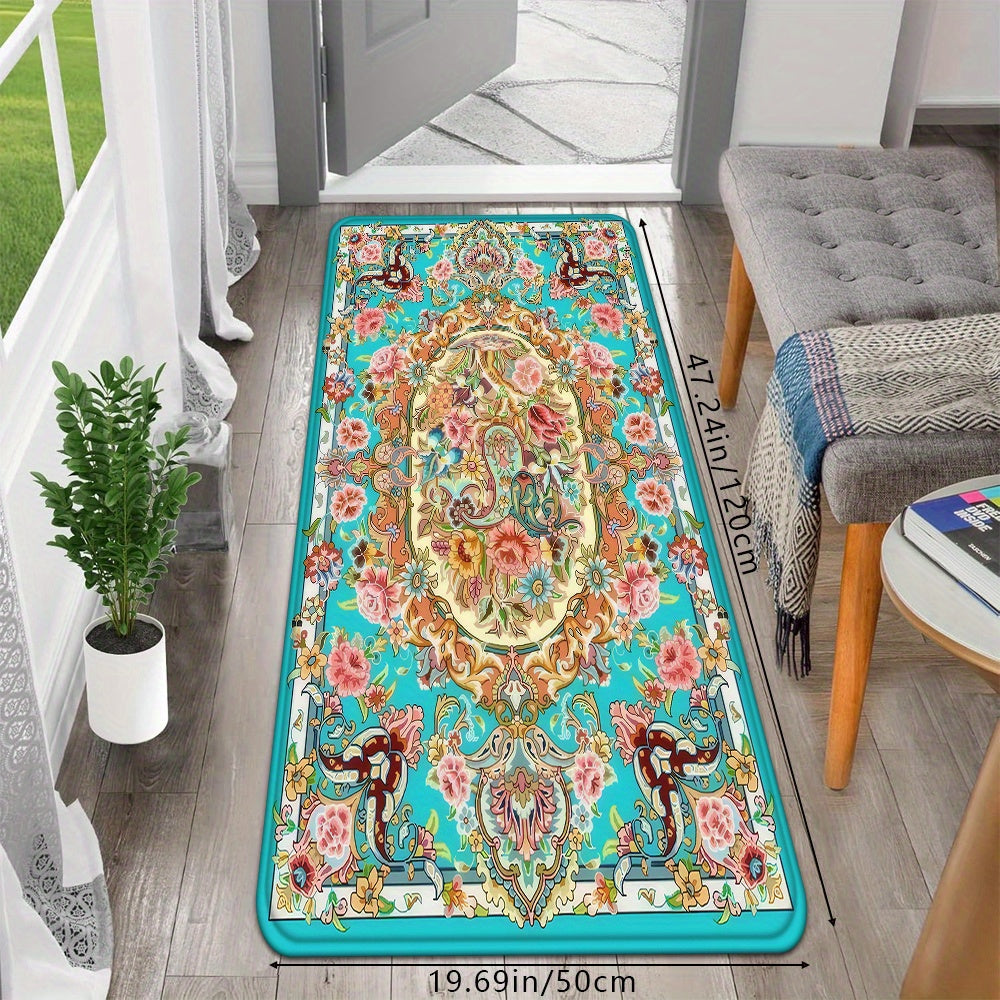 1Pc Elegant Blue Floral Doormat Soft Absorbent Non Slip
