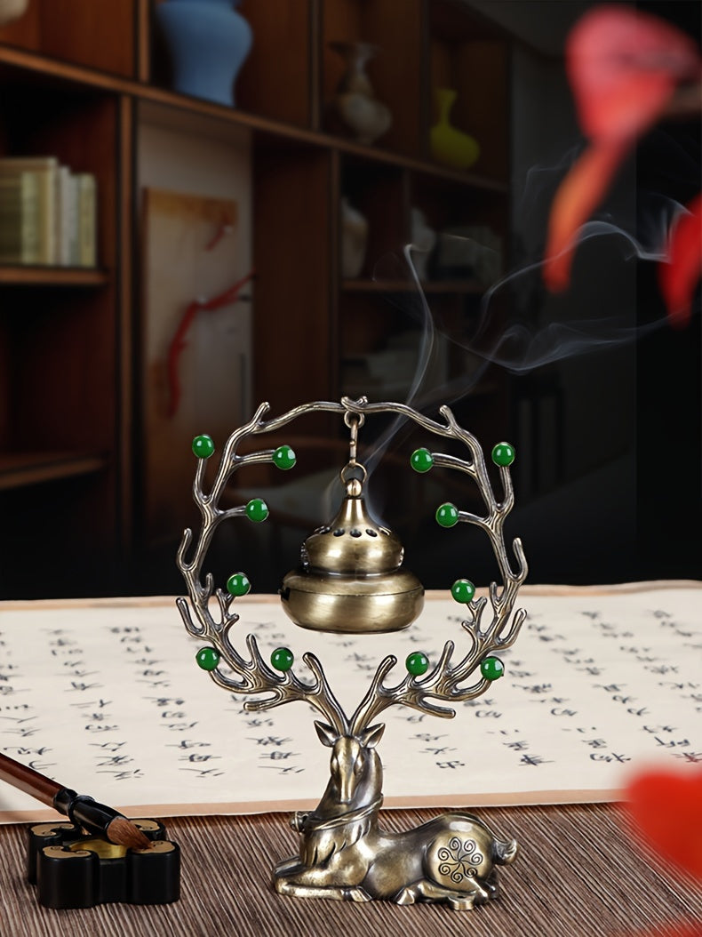 LASODY Elegant Chinese Style Incense Burner with Deer Base   Metal  Green Jade Beads & Golden Bell  Perfect for Home Decor  Christmas  Valentine's  Thanksgiving  Mother'S & Father'S Day  Accessory|Traditional Aesthetic|Elegant Design  Incense Holde