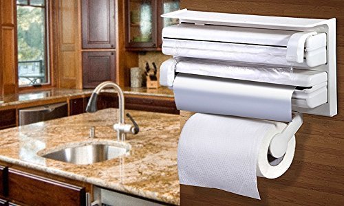 3 in 1 Wrap Center Holds Silver Foil, Plastic Wrap, and Paper Towels / 3 in 1 Kitchen Triple Paper Dispenser & Holder Paper/Foil/Cling Wrap (White)