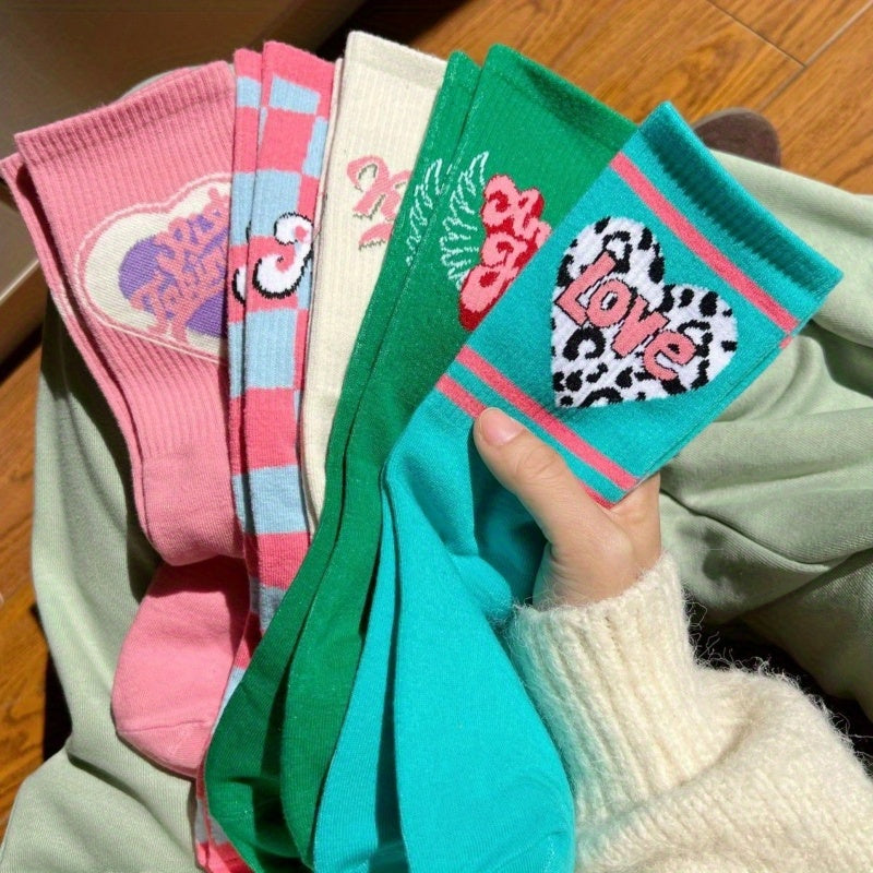 5 pairs of cute polyester socks for women   Heart|Strawberry|Letter|Checkerboard pattern mix  all season polyester socks  soft mid calf socks for all seasons  comfortable casual sports socks  machine washable