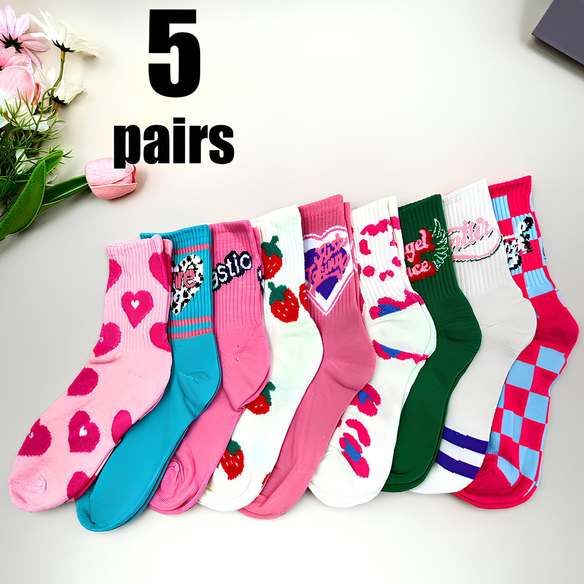 5 pairs of cute polyester socks for women   Heart|Strawberry|Letter|Checkerboard pattern mix  all season polyester socks  soft mid calf socks for all seasons  comfortable casual sports socks  machine washable
