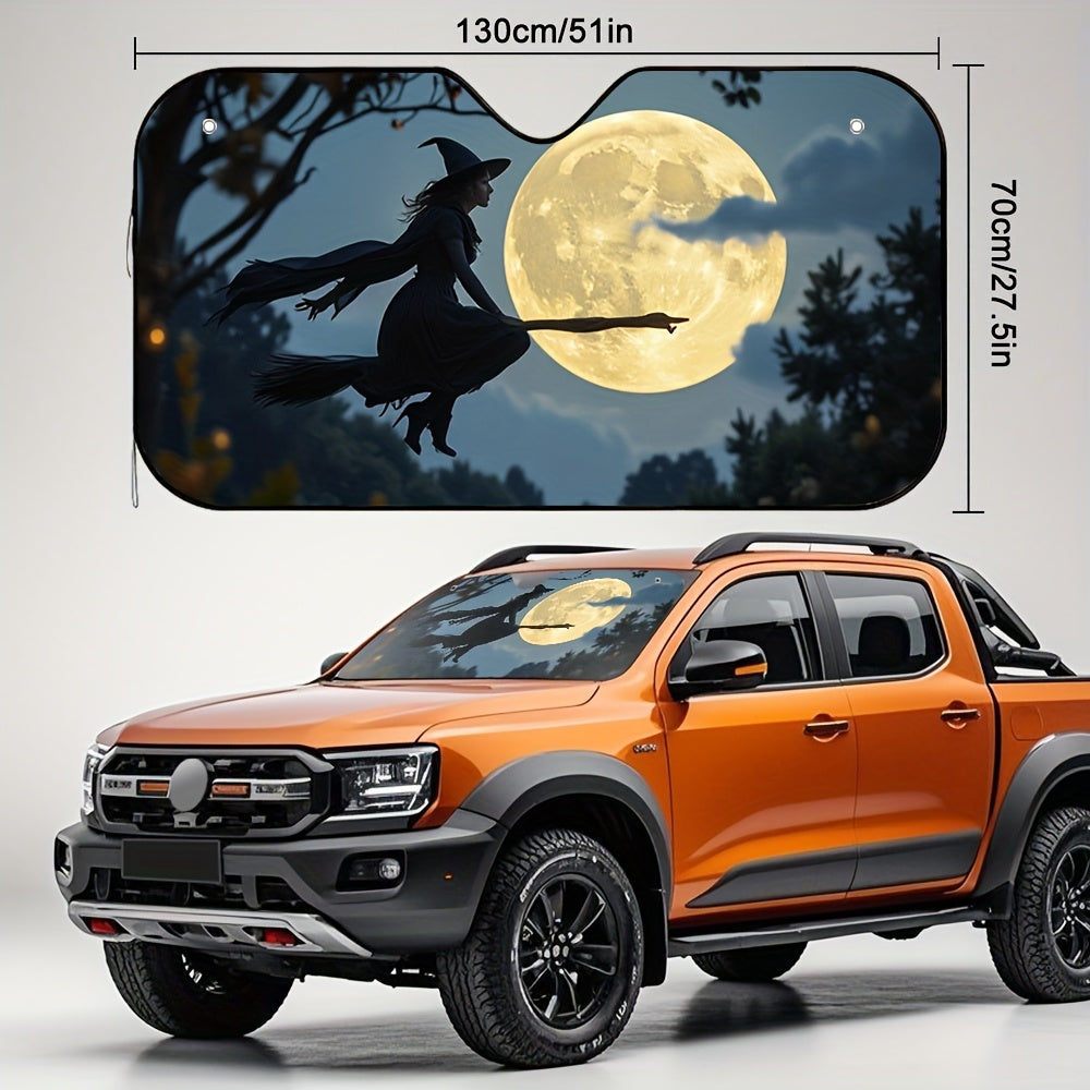 1pc Gothic Witch Flying on Broomstick with Bats & Moon  Sun Visor   Fit Glowing Eyes Design  Dark  Night Sky & Witches Hat   Premium Sun Protection for Family Road Trips  Spooky  Accessories (Halloween & Everyday Use)   Easy Clip On Installation  Durable