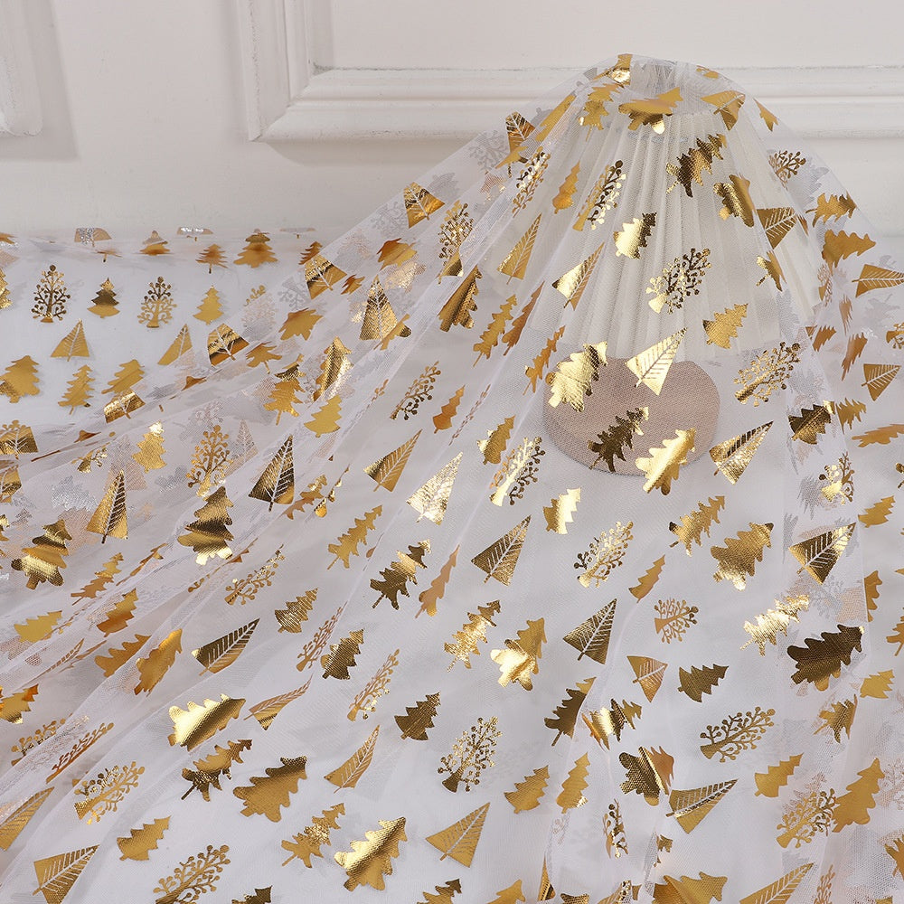 1pc Sparkling Golden Christmas Organza Fabric   Large Roll (149.86cm x 50.04cm) Pre Cut Sheer Gauze with Golden Pine Trees  Holly & Snowflakes Print   100% Polyester for DIY Wedding  Party Decorations  Tablecloth  Drapes  Quilting   Shimmering Golden