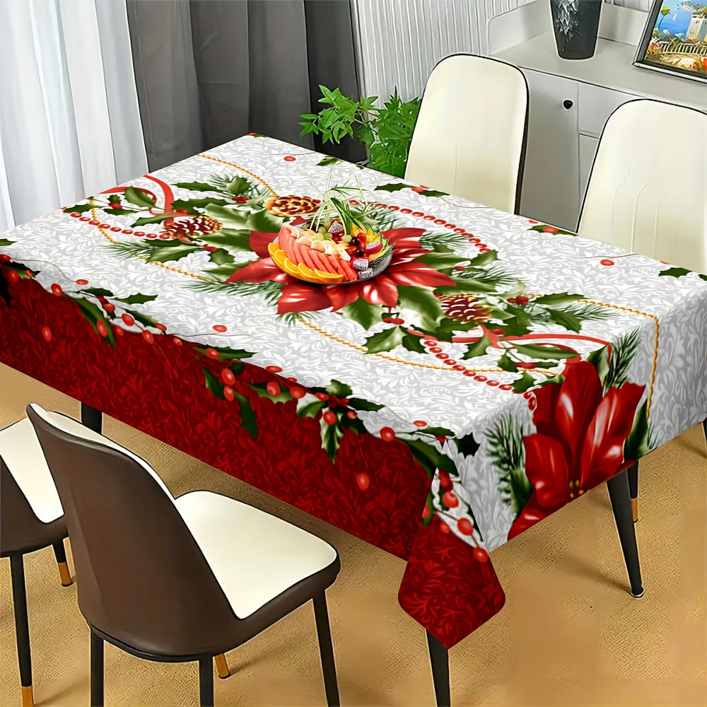 Christmas Poinsettia Floral Tablecloth with Red & White Snowflake Pattern   Red/Green Holiday Table Cover  Durable Fabric for Weddings  Parties  Everyday Dining   Easy Clean Square Tablecloth for Christmas Decorations  Festive Poinsettia Design with Holly