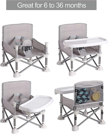 Grey Baby Booster Seat - Portable Pop and Open Design, Tip Free Safety, Infant Folding Feeding Chair with Tray & Travel Bag - Ideal for Indoor/Outdoor Dining, Camping, Beach, Lawn Adventures