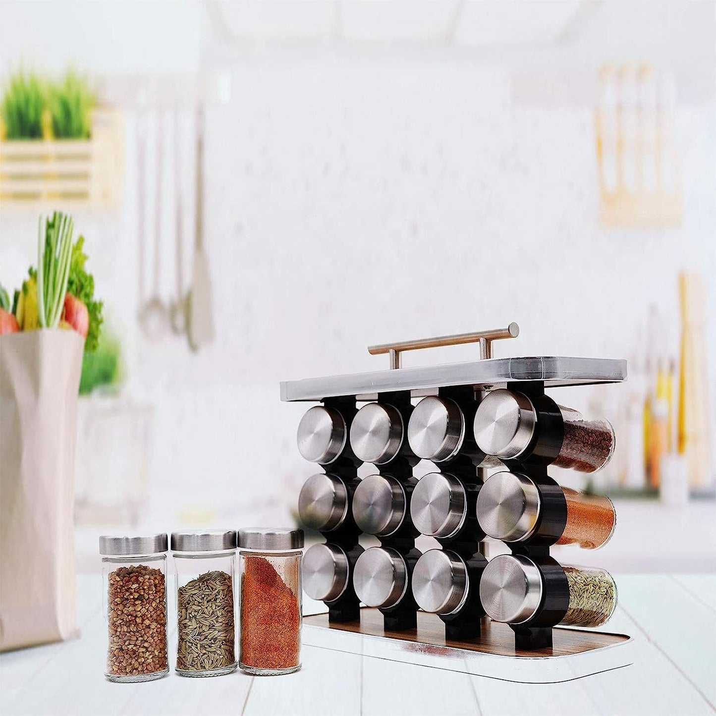 Spice Rack Organizer with 12 Empty Spice Jars for Cabinet Countertop spice Imitation Wood Portable seasoning Stainless Steel Storage Rack Stand Holder for Kitchen Hotel