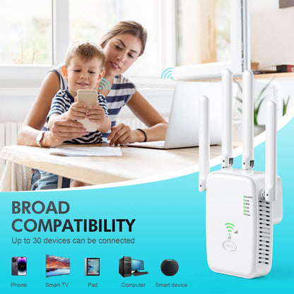 Repeater 1200 Mbit/s WLAN Amplifier WiFi Repeater Dual Band 5 GHz & 2.4 GHz WiFi Extender 2 Ethernet LAN/WAN Ports, 4 Antenna, WPS with Repeater/Router/AP Mode