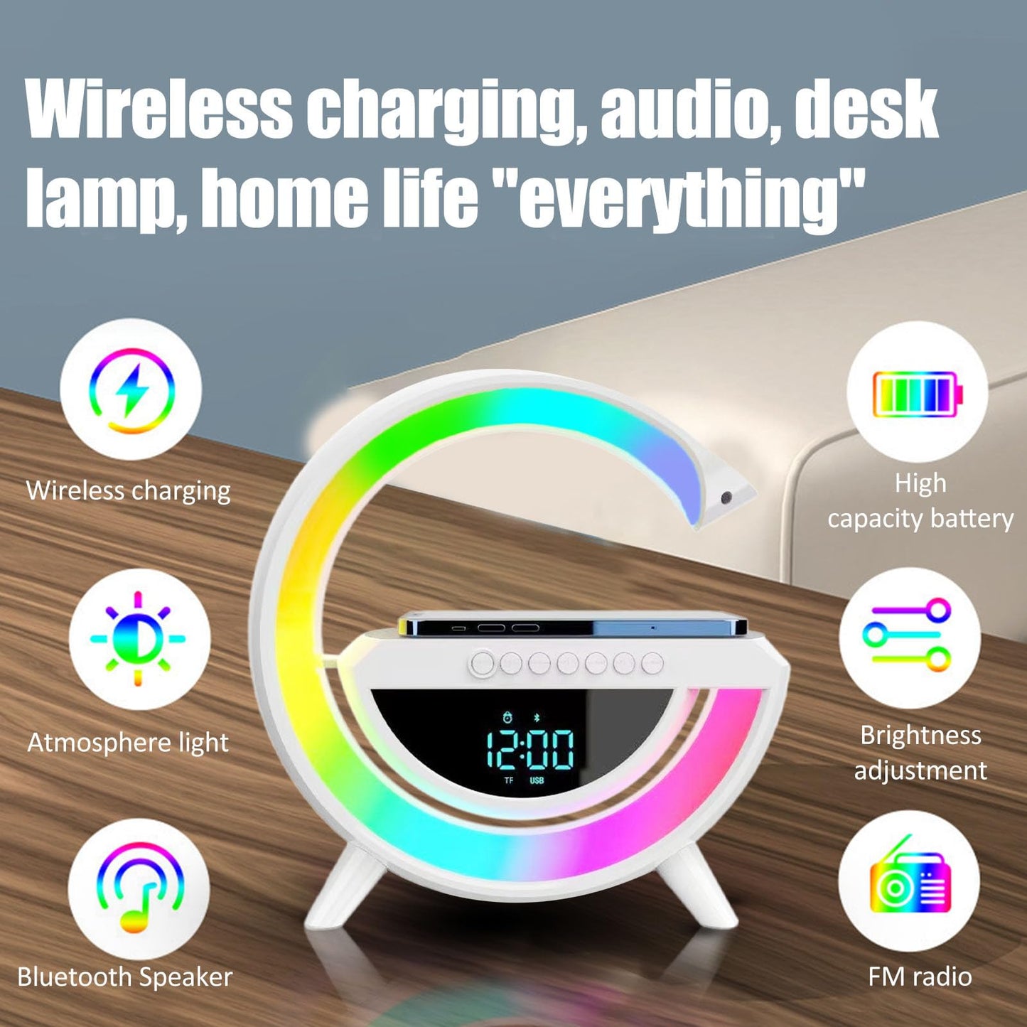 Wireless Speaker Charger,Smart Lamp Speaker With Wireless Charger,Dimmable Night Light G Speaker Lamp, Atmosphere Night Light Wireless Pho Ne Charger G Lamp With Sunrise Alarm Clock