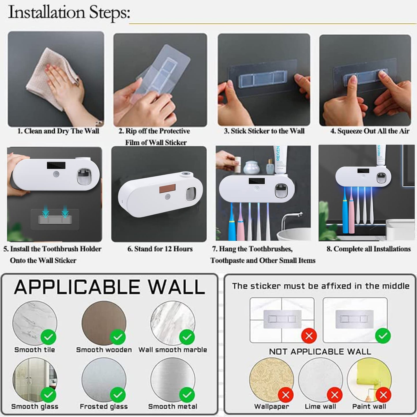 Wall Mounted Toothbrush Holder with Toothpaste Dispenser, Electric Toothbrush Holder for Bathroom, Smart Clean Toothbrush Organizer with 5 Brush Slots, Toothbrush Organizer for Ladies Baby Family