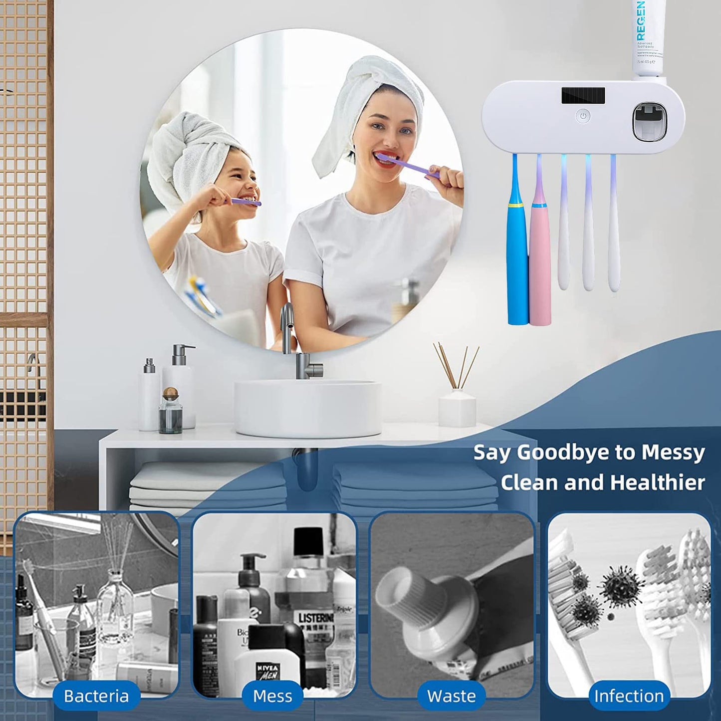 Wall Mounted Toothbrush Holder with Toothpaste Dispenser, Electric Toothbrush Holder for Bathroom, Smart Clean Toothbrush Organizer with 5 Brush Slots, Toothbrush Organizer for Ladies Baby Family