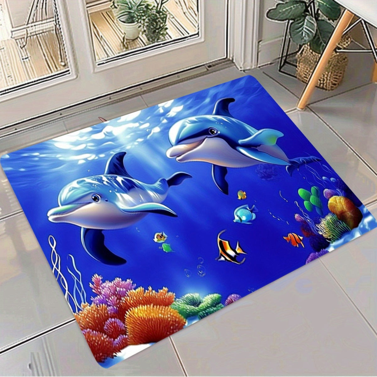 1pc Blue Ocean Cartoon Dolphins & Fish Bath Mat  Dirt & Machine Washable 100% Polyester Comfort Pad for Bathroom  Living Room  Christmas Gifts  Bath Mats for Bathroom  Festive Gift Item  Vibrant Underwater Theme  Durable Floor Covering